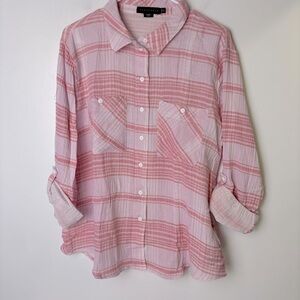 Sanctuary Tomboy Shirt Gauzy Cotton Pink Plaid